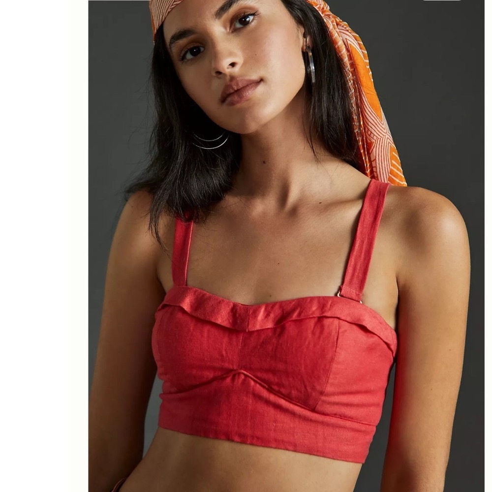 Anthropologie Maeve Bustier Crop Top Red Linen Cotton Vacation Boho Beach XS